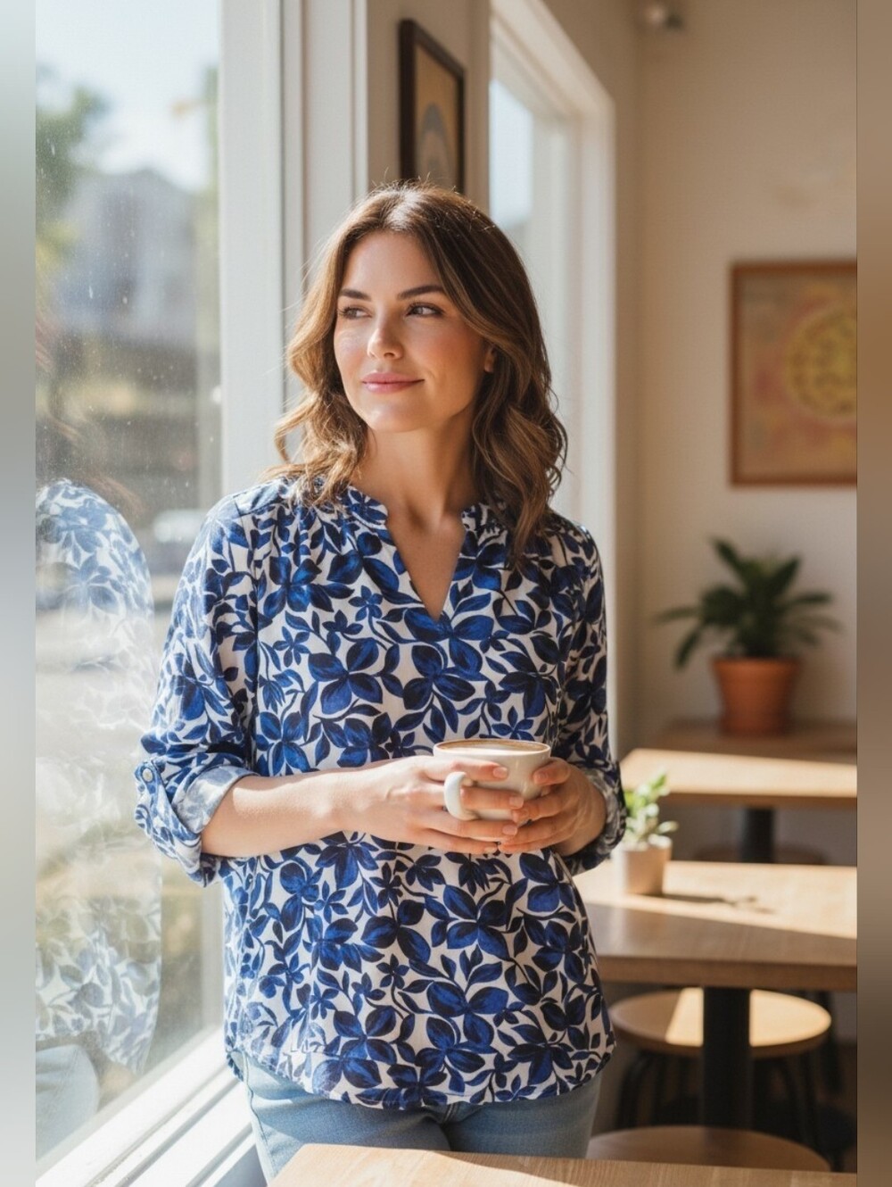 Jones New York White Blouse with Blue Floral Print